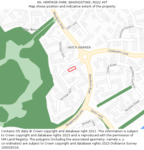 69, HERITAGE PARK, BASINGSTOKE, RG22 4XT: Location map and indicative extent of plot