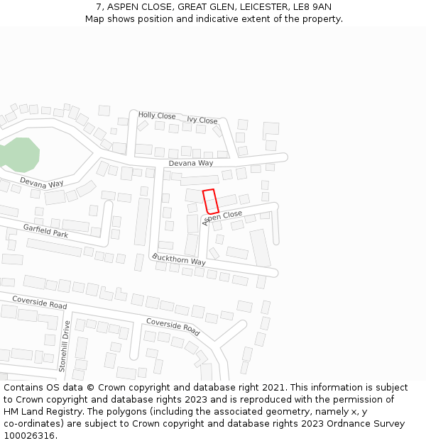 7, ASPEN CLOSE, GREAT GLEN, LEICESTER, LE8 9AN: Location map and indicative extent of plot