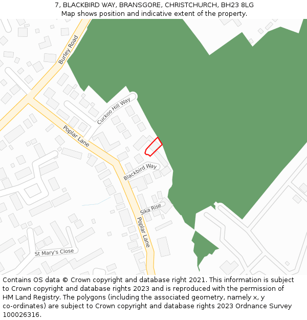 7, BLACKBIRD WAY, BRANSGORE, CHRISTCHURCH, BH23 8LG: Location map and indicative extent of plot