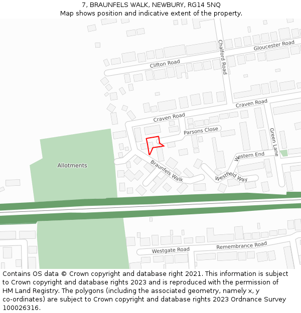 7, BRAUNFELS WALK, NEWBURY, RG14 5NQ: Location map and indicative extent of plot