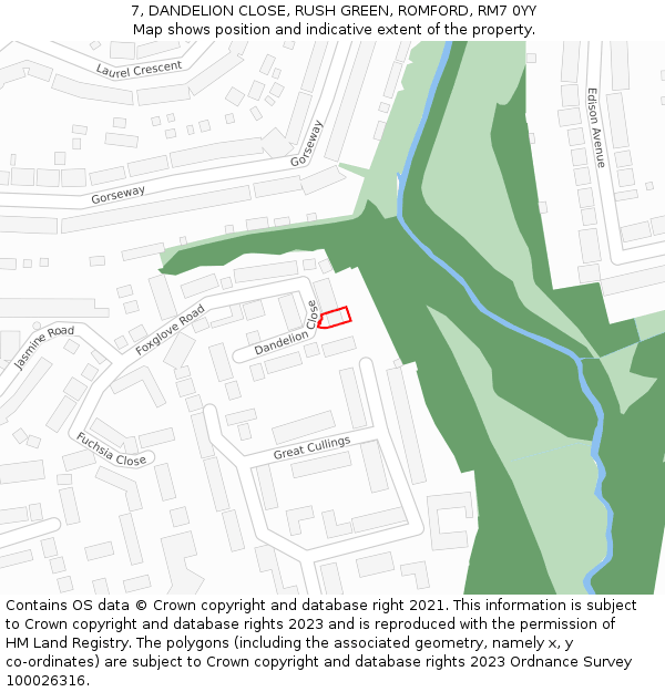 7, DANDELION CLOSE, RUSH GREEN, ROMFORD, RM7 0YY: Location map and indicative extent of plot