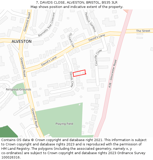 7, DAVIDS CLOSE, ALVESTON, BRISTOL, BS35 3LR: Location map and indicative extent of plot