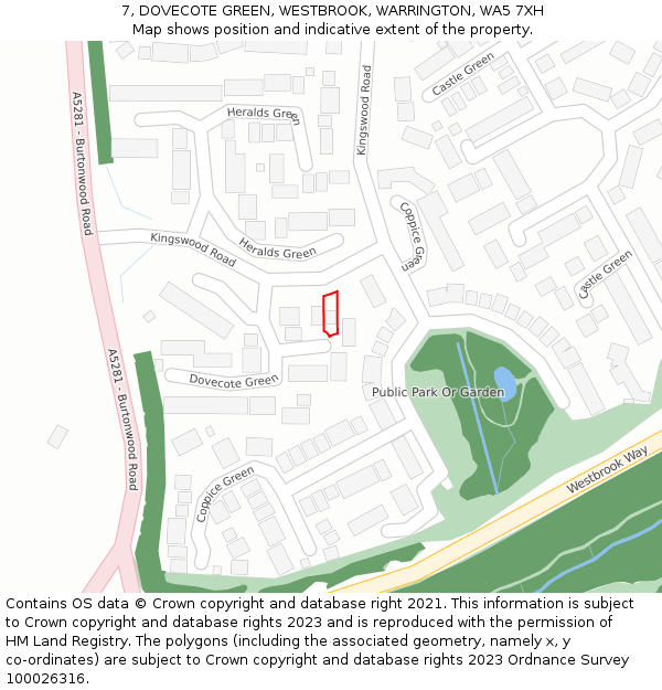 7, DOVECOTE GREEN, WESTBROOK, WARRINGTON, WA5 7XH: Location map and indicative extent of plot