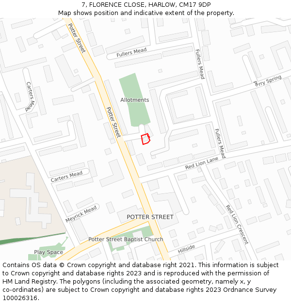 7, FLORENCE CLOSE, HARLOW, CM17 9DP: Location map and indicative extent of plot