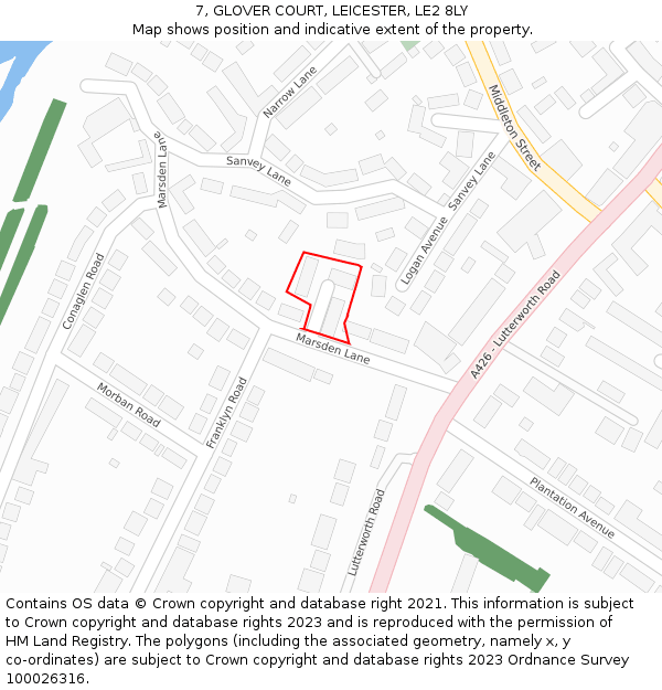 7, GLOVER COURT, LEICESTER, LE2 8LY: Location map and indicative extent of plot