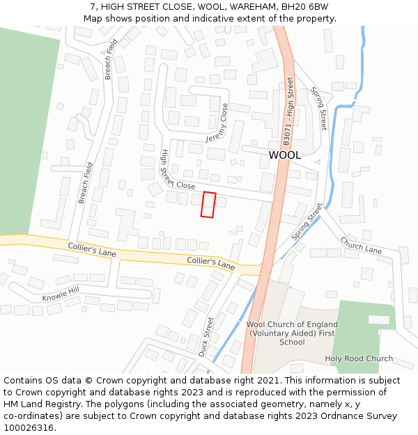 7, HIGH STREET CLOSE, WOOL, WAREHAM, BH20 6BW: Location map and indicative extent of plot