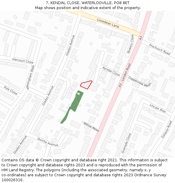 7, KENDAL CLOSE, WATERLOOVILLE, PO8 8ET: Location map and indicative extent of plot