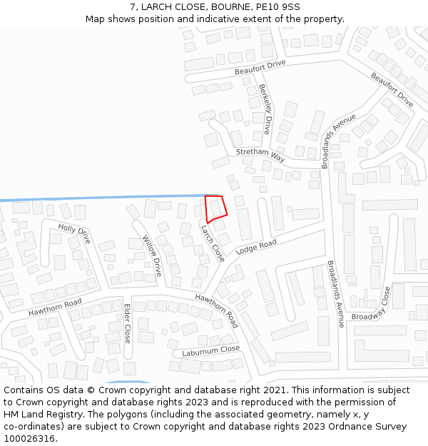 7, LARCH CLOSE, BOURNE, PE10 9SS: Location map and indicative extent of plot