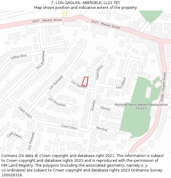 7, LON GADLAS, ABERGELE, LL22 7ET: Location map and indicative extent of plot