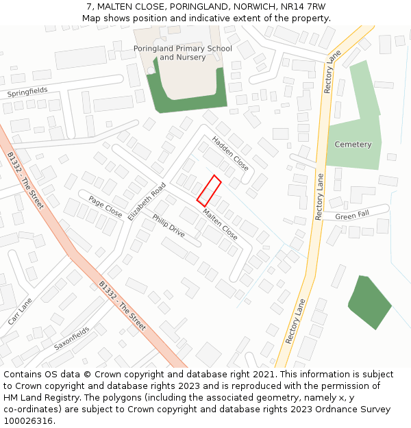 7, MALTEN CLOSE, PORINGLAND, NORWICH, NR14 7RW: Location map and indicative extent of plot