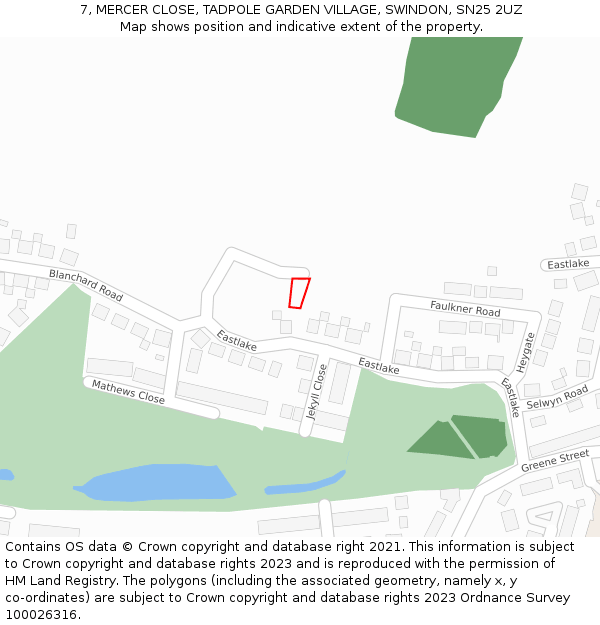 7, MERCER CLOSE, TADPOLE GARDEN VILLAGE, SWINDON, SN25 2UZ: Location map and indicative extent of plot