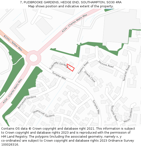 7, PUDBROOKE GARDENS, HEDGE END, SOUTHAMPTON, SO30 4RA: Location map and indicative extent of plot