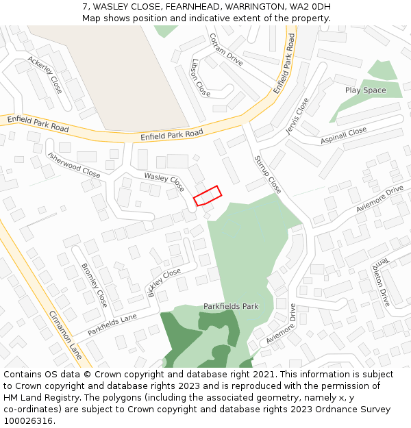 7, WASLEY CLOSE, FEARNHEAD, WARRINGTON, WA2 0DH: Location map and indicative extent of plot