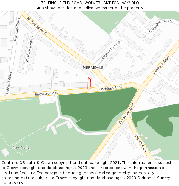 70, FINCHFIELD ROAD, WOLVERHAMPTON, WV3 9LQ: Location map and indicative extent of plot