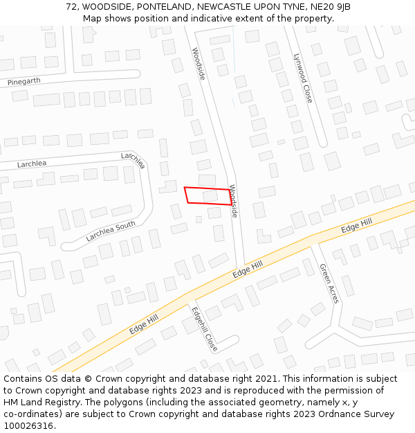 72, WOODSIDE, PONTELAND, NEWCASTLE UPON TYNE, NE20 9JB: Location map and indicative extent of plot