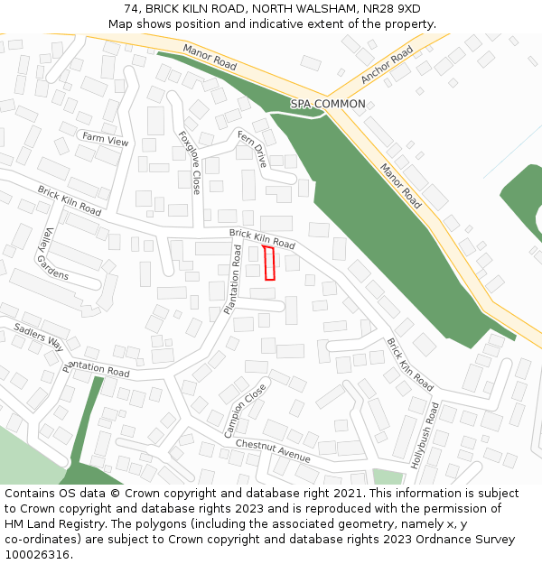 74, BRICK KILN ROAD, NORTH WALSHAM, NR28 9XD: Location map and indicative extent of plot