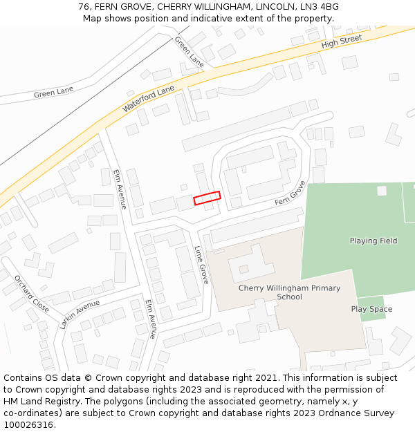 76, FERN GROVE, CHERRY WILLINGHAM, LINCOLN, LN3 4BG: Location map and indicative extent of plot