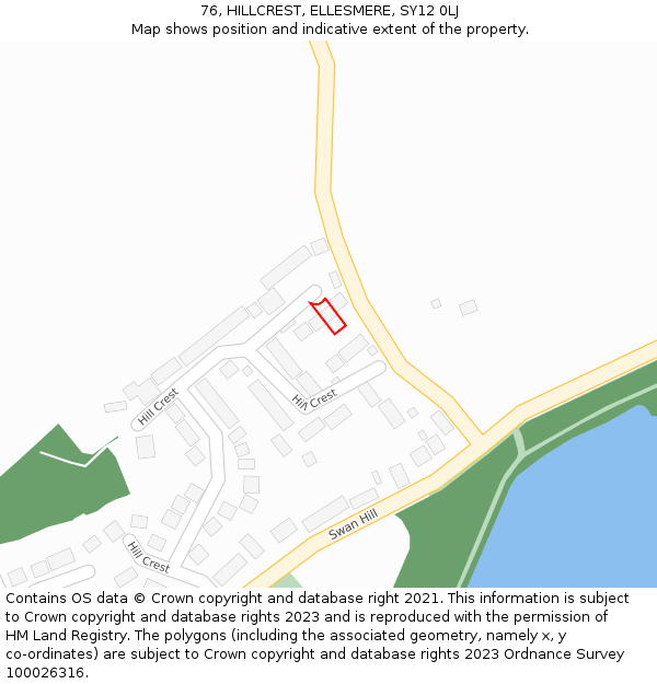 76, HILLCREST, ELLESMERE, SY12 0LJ: Location map and indicative extent of plot