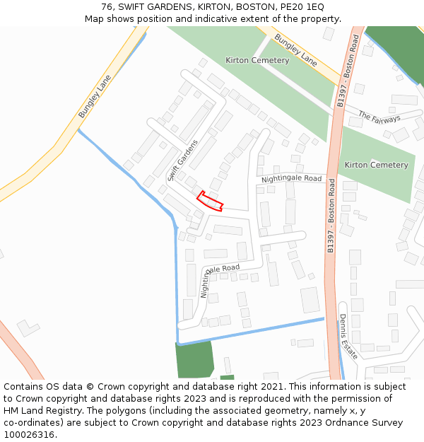 76, SWIFT GARDENS, KIRTON, BOSTON, PE20 1EQ: Location map and indicative extent of plot