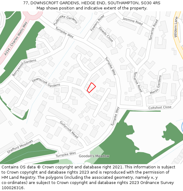 77, DOWNSCROFT GARDENS, HEDGE END, SOUTHAMPTON, SO30 4RS: Location map and indicative extent of plot