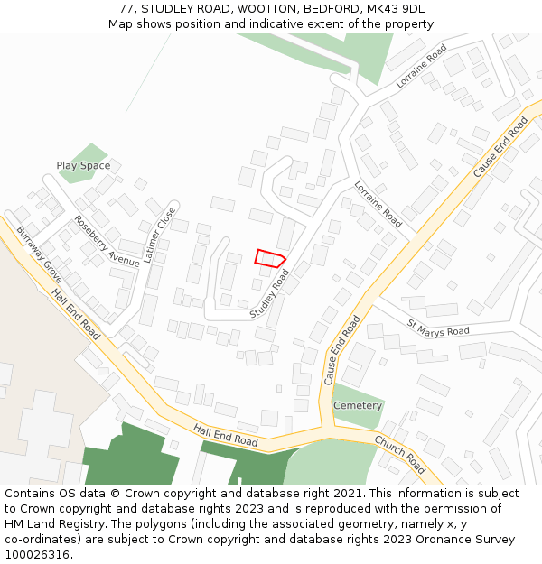 77, STUDLEY ROAD, WOOTTON, BEDFORD, MK43 9DL: Location map and indicative extent of plot