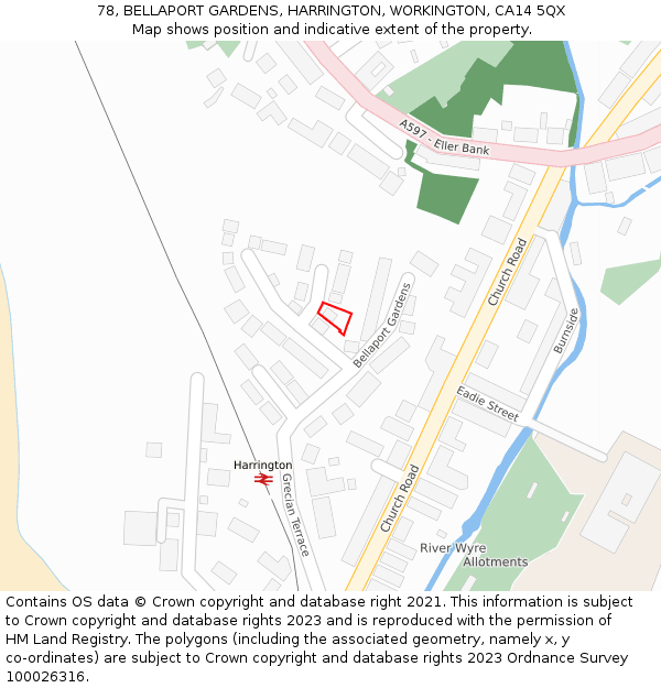 78, BELLAPORT GARDENS, HARRINGTON, WORKINGTON, CA14 5QX: Location map and indicative extent of plot