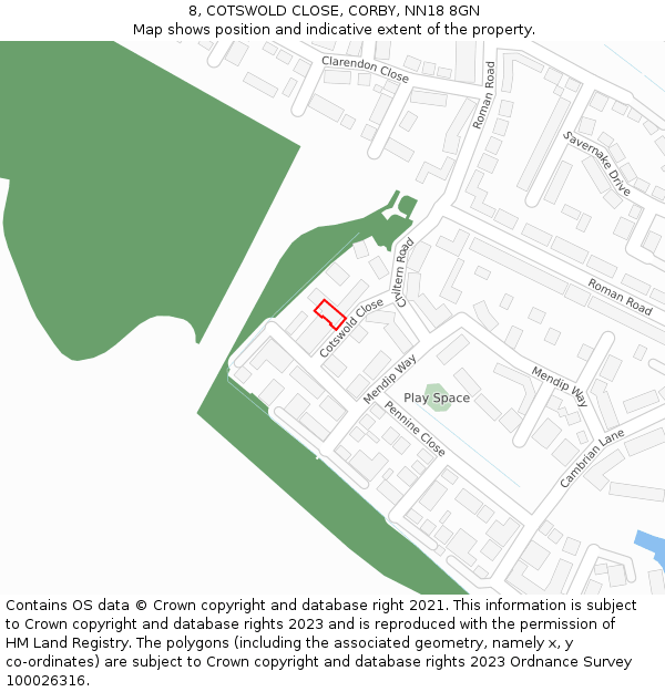 8, COTSWOLD CLOSE, CORBY, NN18 8GN: Location map and indicative extent of plot