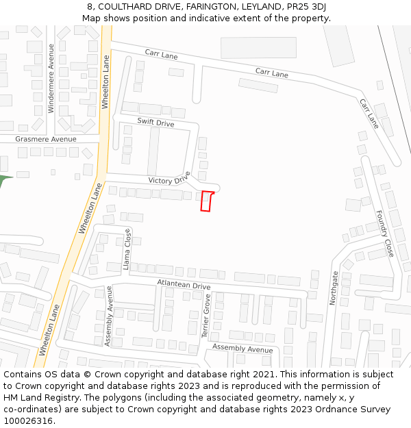 8, COULTHARD DRIVE, FARINGTON, LEYLAND, PR25 3DJ: Location map and indicative extent of plot