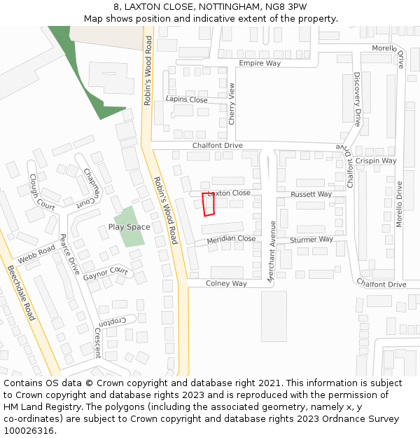 8, LAXTON CLOSE, NOTTINGHAM, NG8 3PW: Location map and indicative extent of plot