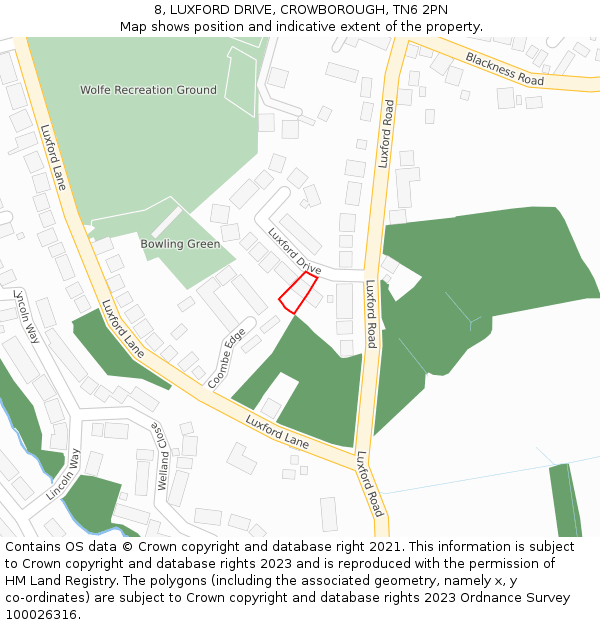 8, LUXFORD DRIVE, CROWBOROUGH, TN6 2PN: Location map and indicative extent of plot