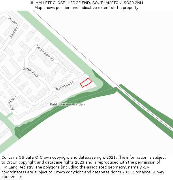 8, MALLETT CLOSE, HEDGE END, SOUTHAMPTON, SO30 2NH: Location map and indicative extent of plot