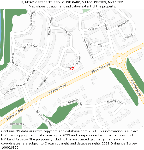 8, MEAD CRESCENT, REDHOUSE PARK, MILTON KEYNES, MK14 5FX: Location map and indicative extent of plot