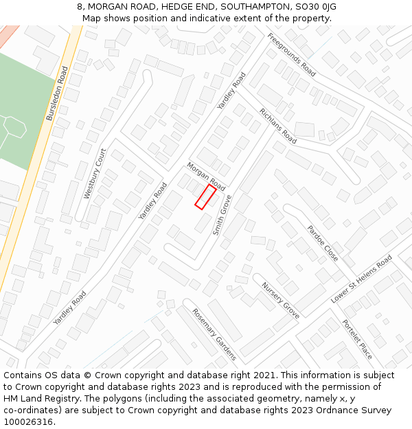 8, MORGAN ROAD, HEDGE END, SOUTHAMPTON, SO30 0JG: Location map and indicative extent of plot