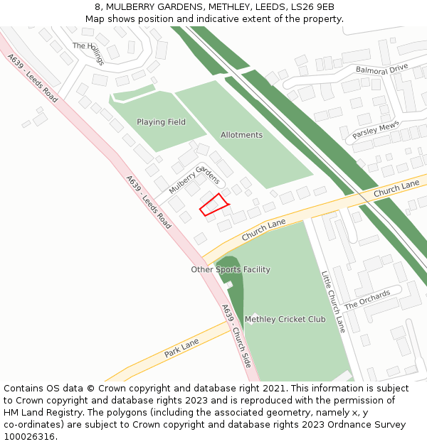 8, MULBERRY GARDENS, METHLEY, LEEDS, LS26 9EB: Location map and indicative extent of plot