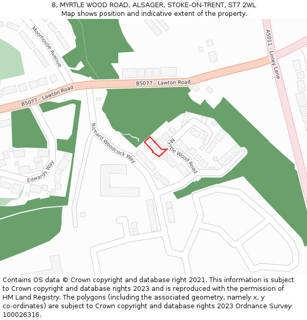 8, MYRTLE WOOD ROAD, ALSAGER, STOKE-ON-TRENT, ST7 2WL: Location map and indicative extent of plot