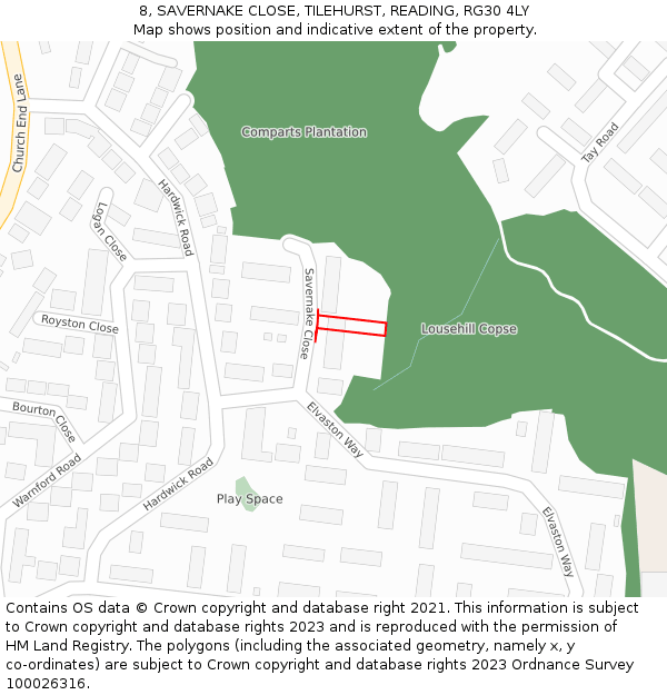 8, SAVERNAKE CLOSE, TILEHURST, READING, RG30 4LY: Location map and indicative extent of plot