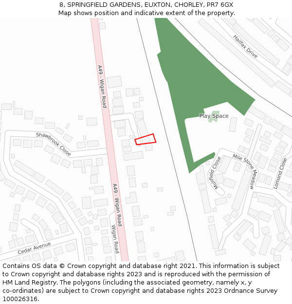 8, SPRINGFIELD GARDENS, EUXTON, CHORLEY, PR7 6GX: Location map and indicative extent of plot