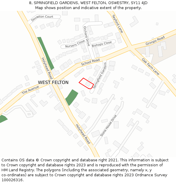 8, SPRINGFIELD GARDENS, WEST FELTON, OSWESTRY, SY11 4JD: Location map and indicative extent of plot