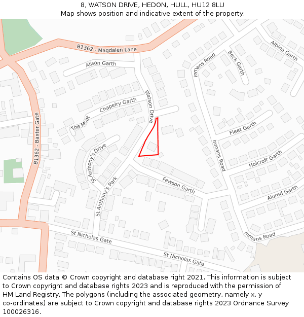 8, WATSON DRIVE, HEDON, HULL, HU12 8LU: Location map and indicative extent of plot