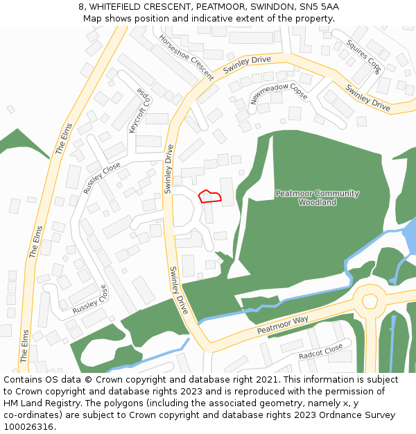 8, WHITEFIELD CRESCENT, PEATMOOR, SWINDON, SN5 5AA: Location map and indicative extent of plot