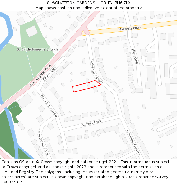 8, WOLVERTON GARDENS, HORLEY, RH6 7LX: Location map and indicative extent of plot