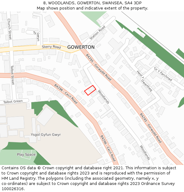 8, WOODLANDS, GOWERTON, SWANSEA, SA4 3DP: Location map and indicative extent of plot