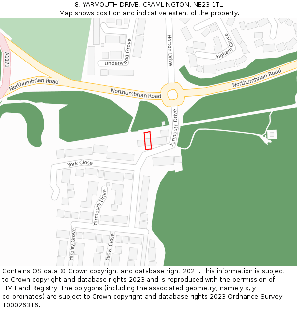 8, YARMOUTH DRIVE, CRAMLINGTON, NE23 1TL: Location map and indicative extent of plot