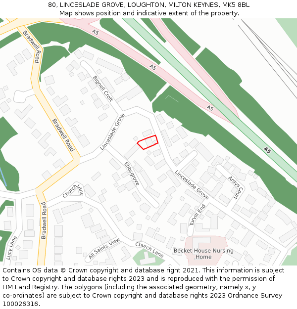 80, LINCESLADE GROVE, LOUGHTON, MILTON KEYNES, MK5 8BL: Location map and indicative extent of plot