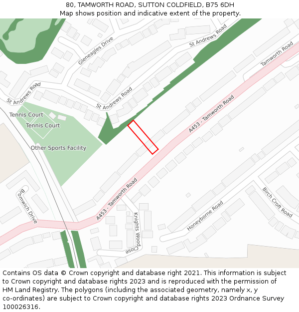 80, TAMWORTH ROAD, SUTTON COLDFIELD, B75 6DH: Location map and indicative extent of plot