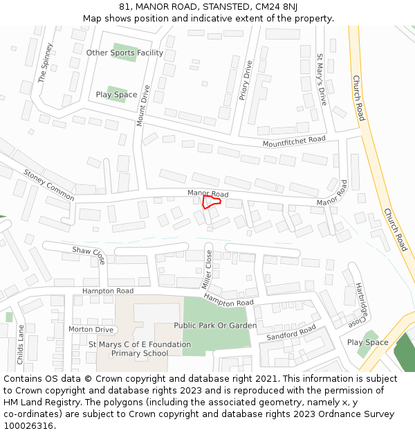 81, MANOR ROAD, STANSTED, CM24 8NJ: Location map and indicative extent of plot