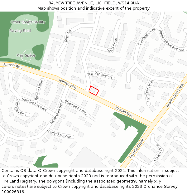 84, YEW TREE AVENUE, LICHFIELD, WS14 9UA: Location map and indicative extent of plot