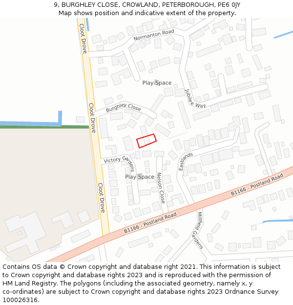 9, BURGHLEY CLOSE, CROWLAND, PETERBOROUGH, PE6 0JY: Location map and indicative extent of plot