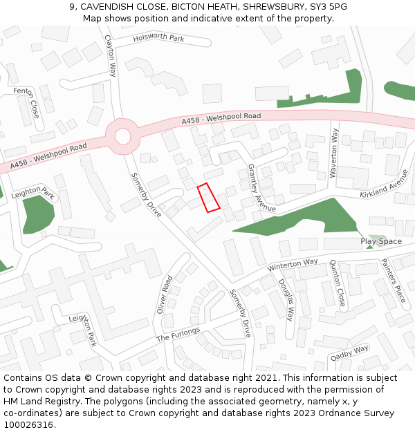 9, CAVENDISH CLOSE, BICTON HEATH, SHREWSBURY, SY3 5PG: Location map and indicative extent of plot