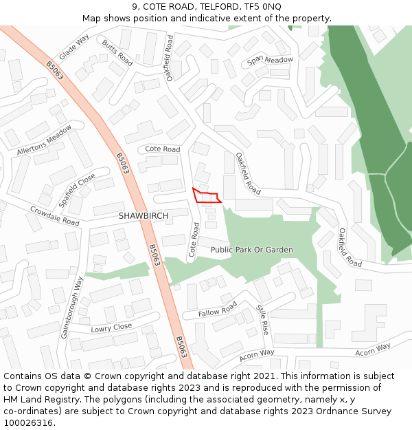 9, COTE ROAD, TELFORD, TF5 0NQ: Location map and indicative extent of plot